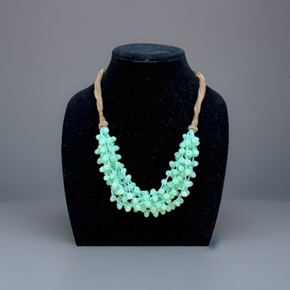 Faceted Green Stone Multi-Layer Drop Choker Necklace On Corded Strands - Picture 2 of 5